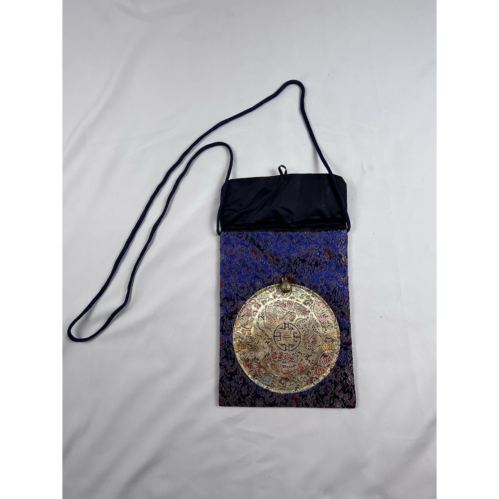 Chinese Silk Brocade Embroidered Purse‎ Bag Shoulder Strap Bell Closure Blue